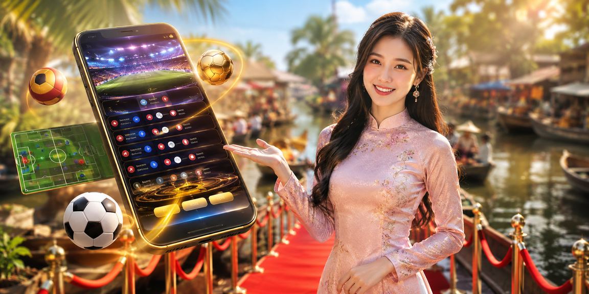 Người phụ nữ mặc áo dài tại vùng Mekong sử dụng ứng dụng cá cược thể thao ic9 trên điện thoại